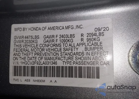 2020 Honda Accord Touring z USA, uszkodzony, nr VIN 1HGCV2F92LA031346